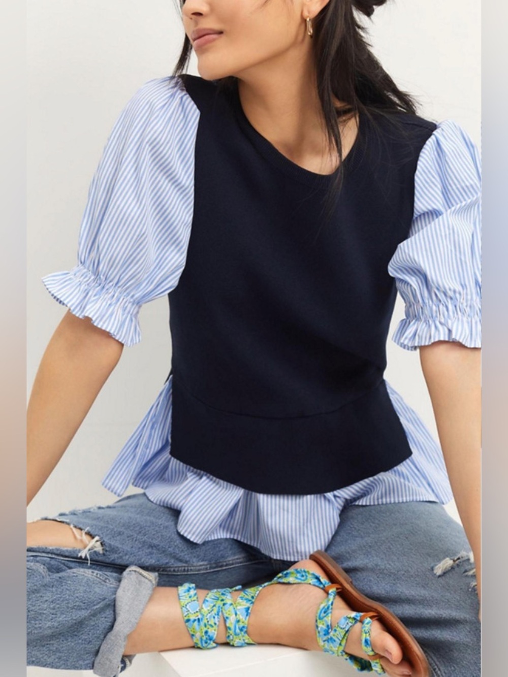 Anthropologie Blue and White Layered Poplin-Sleeve Sweater